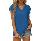 Summer Sexy V-Neck Ruffled Solid Color Short-Sleeved T-Shirt