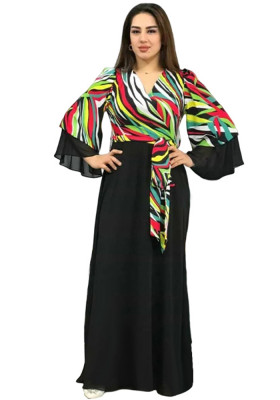 Plus Size Women's Printed V-Neck Patchwork Belted Chiffon Swing Dress Maxi Dress
