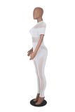 Women's Mid Neck Sexy See-Through Mesh Patchwork Short Sleeve Slim Fitted Ladies Jumpsuit