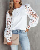 Round Neck Cotton Lace Patchwork Chic Career Long Sleeve Top