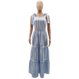 Women's Low Back Patchwork Stripe Chic Square Neck Casual A-Line Maxi Dress