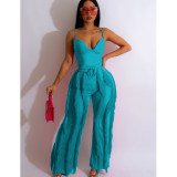 Women's Solid Color Straps Top Tassel Pants Two-Piece Set