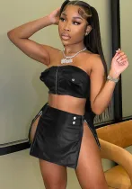 Women's Clothing Solid Color Pu Leather Strapless Crop Top Zipper Slit Skirt Two-Piece Skirt Set Women