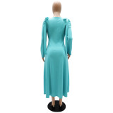 Elegant Soid Color Long Sleeve Round Neck Plain Chic High Waist Midi Dress