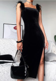 Furry Straps Slit Velvet Dress Women Spring Sexy Low Back Chic Slit Dress