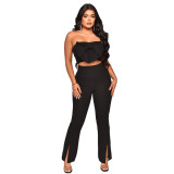 Sexy Solid Bow Tie Strapless Vest Fashion Slit Trousers Two-Piece Pants Set