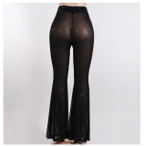 Sexy Mesh See-Through Casual Trousers Spring Women's Black High Waist Slim Long Pants