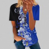 Summer Women's Printed Cotton Short-Sleeved Zipper V-Neck T-Shirt Top