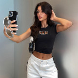 Slim Embroidery Solid Color Short Crop Top Street Women T-Shirt