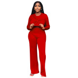 Solid Long Sleeve Top Straight Leg Trousers Spring Fall Casual Two-Piece Set