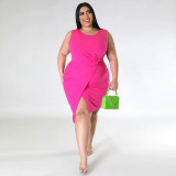 Plus Size Women's Round Neck Solid Color Sleeveless Slit Dress