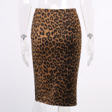 Knitting Leopard Print Slit High Waist Skirt Spring Women's Sexy Slim Skirt