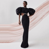 Puff Sleeve Low Back Black Evening Dress Long Party Dress