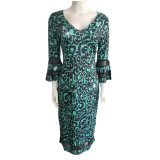 Printed Bell Bottom Sleeve V Neck Chic Mesh Patchwork Bodycon Women's Party Dress
