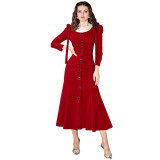 Elegant Soid Color Long Sleeve Round Neck Plain Chic High Waist Midi Dress