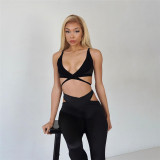 Women Sexy Hollow Mesh Top and High Waist Pants Sports Two-piece Set