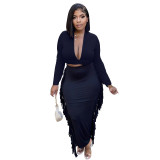 Women Sexy V neck Long Sleeve Top and Skirt Two-Piece Set