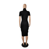 Plus Size Women Sexy Solid Turtleneck Short Sleeve Dress