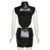 Women Sexy Pu-Leather Top and Bodycon Mini Skirt Two-Piece Set