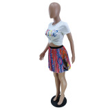 Women Printed T-Shirt and Pleated Skirt Two-Piece Set