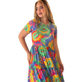 Women Round Neck Short Sleeve Printed Maxi Dress