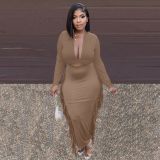 Women Sexy V neck Long Sleeve Top and Skirt Two-Piece Set