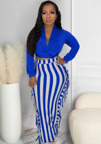 Women Sexy V neck Long Sleeve Top and Skirt Two-Piece Set