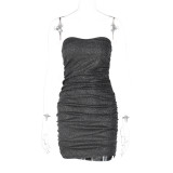 Women Sexy V-Neck Strapless Backless Pleated Dress