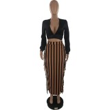 Women Sexy V neck Long Sleeve Top and Skirt Two-Piece Set