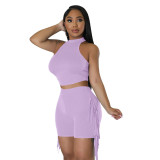 Women Sleeveless Round Neck Top and Tassel Shorts Casual Two-Piece Set