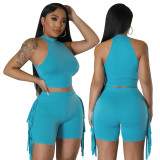 Women Sleeveless Round Neck Top and Tassel Shorts Casual Two-Piece Set
