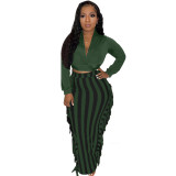 Women Sexy V neck Long Sleeve Top and Skirt Two-Piece Set