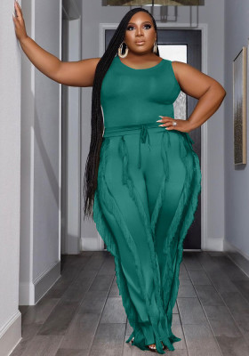 Plus Size WomenSleeveless Top and Fringed Trousers Two-Piece Set