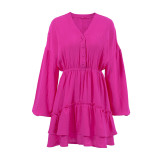 Spring Long Sleeve Magenta Dress Skirt Full Cotton Balloon Sleeves Cascading Ruffles Dress