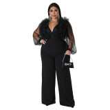 Sexy Deep V Solid Color Plus Size See-Through Long Sleeve Women Jumpsuit