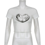 Spring Fresh Girl Heart Print T-Shirt Simple Basic Casual Short Crop Top