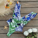 One-Piece Swimsuit Women Straps Ruffle Mesh Patchwork Print Sexy Bikini