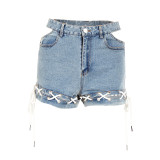 waist hollow out hem braided rope loose high waist wide leg hot denim shorts