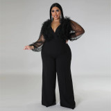 Sexy Deep V Solid Color Plus Size See-Through Long Sleeve Women Jumpsuit