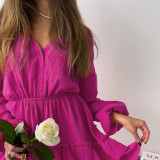 Spring Long Sleeve Magenta Dress Skirt Full Cotton Balloon Sleeves Cascading Ruffles Dress