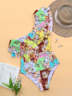 One-shoulder ruffled one-piece swimsuit women's triangle print swimsuit
