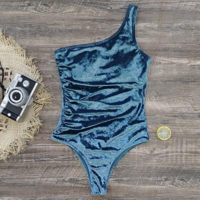 One-shoulder blue velvet triangle one-piece swimsuit feminine swimsuit