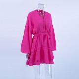 Spring Long Sleeve Magenta Dress Skirt Full Cotton Balloon Sleeves Cascading Ruffles Dress