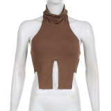 pure color high collar sexy strapless top hollow slit knitting short vest