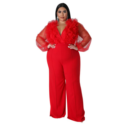 Sexy Deep V Solid Color Plus Size See-Through Long Sleeve Women Jumpsuit