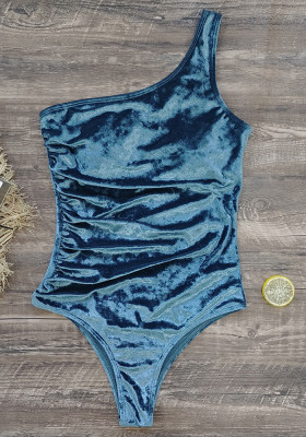 One-shoulder blue velvet triangle one-piece swimsuit feminine swimsuit