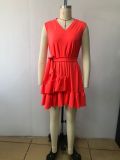Women's Clothes Spring/Summer V-Neck Sleeveless Double Layer Ruffle Dress With Belt