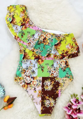 One-shoulder ruffled one-piece swimsuit women's triangle print swimsuit