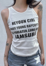 Letter Print White Camisole Women Outdoor Wear Basic Pullover Round Neck Slim Fit Basic Top