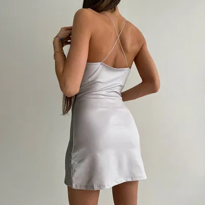 Strap Dress Sexy U-neck Low Back Suspender Slit High Waist Tight Fitting Dress